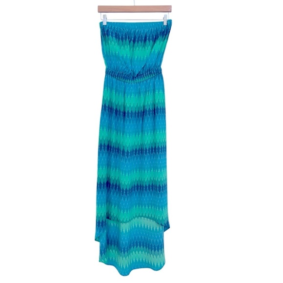 Dora Landa Silk Green and Blue Strapless Maxi Dress - Picture 2 of 9